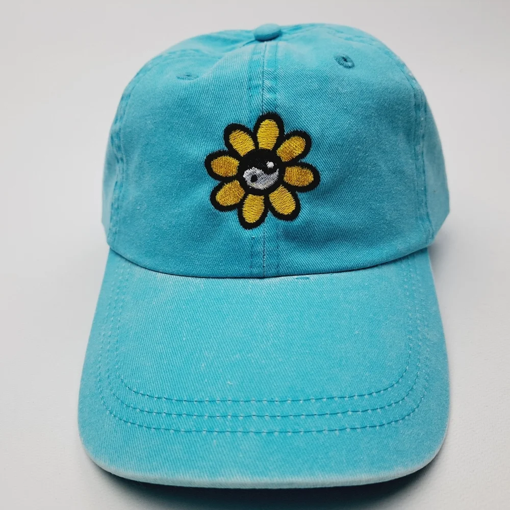 Yin Yang Flower Embroidered Relaxed Cotton Hat Cap Light Blue Washed Adjusta…